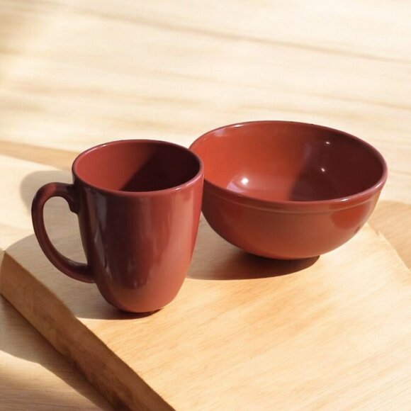 🎁Free ADD-ON/ One person ceramic glazed pottery bowl and mug set in red - Picture 2 of 15